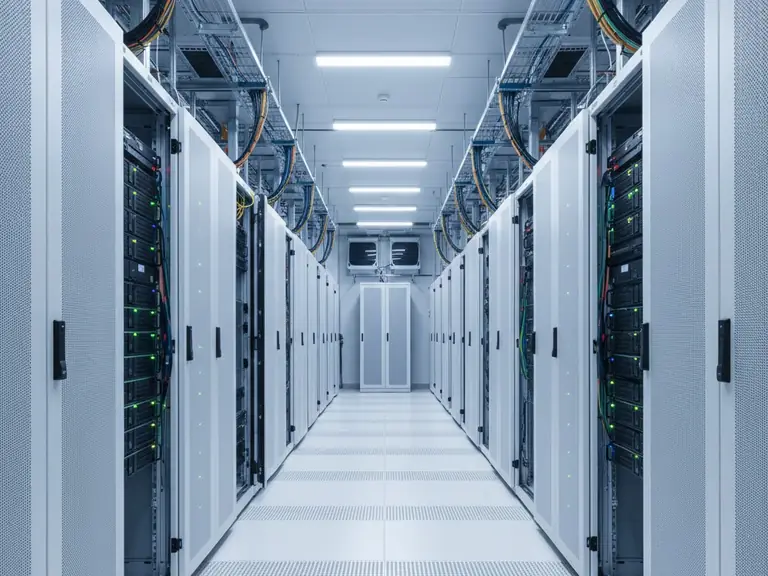 Server racks and overhead cable trays in a data center aisle