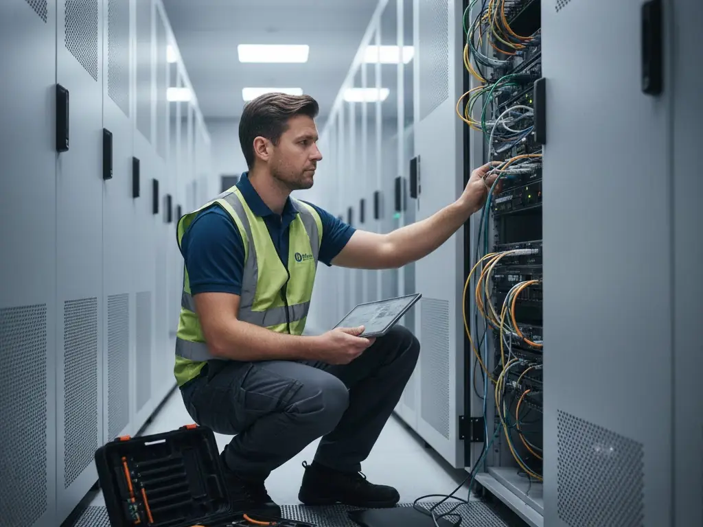 Technician connecting patch cables in a server rack