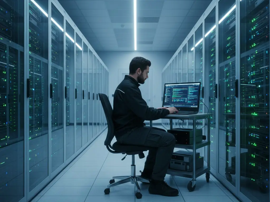 Engineer working on a laptop in a server room