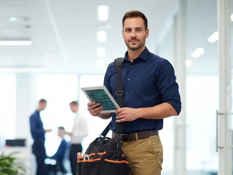 IT technician holding a tablet and tool bag in an office